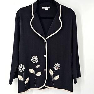 Ann Trinity Black & Tan Stretch Cotton Jacket with Floral Sequined Design